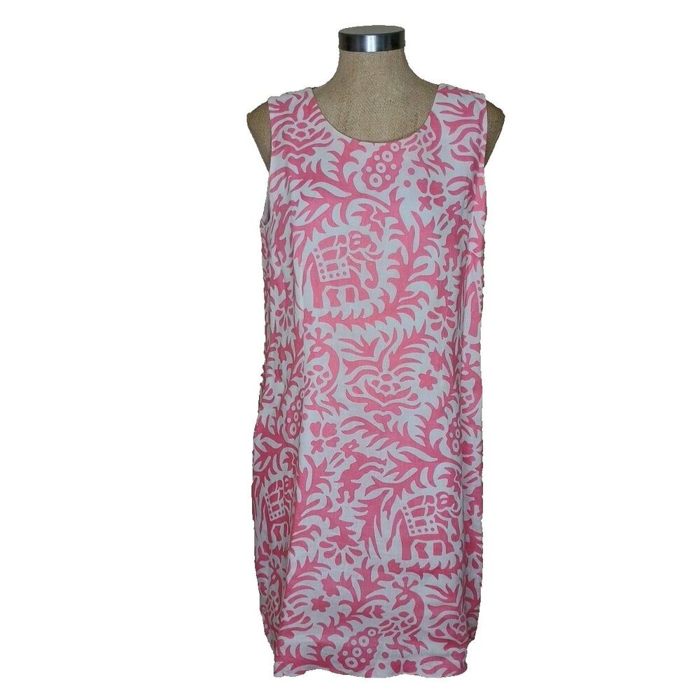 Island Company Linen Classic Shift Dress WMs Sz M Pink White Tropical